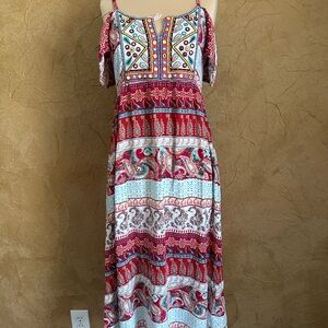 Magic Red and Teal Paisley Cold-Shoulder Maxi Dress